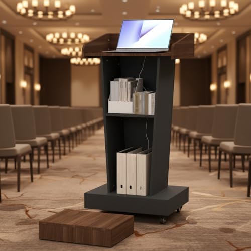 Wooden Podium Stand with Wheels, Stool and 2 Tier Storage, Wood Lecterns and Podiums with Storage, Premium Pulpits for Classrooms, Churches, and Conferences, 16MM Scratch-Resistant Finish - color: Brown/Grey