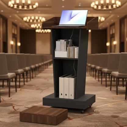 Wooden Podium Stand with Wheels, Stool and 2 Tier Storage, Wood Lecterns and Podiums with Storage, Premium Pulpits for Classrooms, Churches, and Conferences, 16MM Scratch-Resistant Finish - color: Brown/Grey