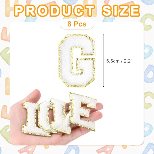MECCANIXITY Chenille Letter Patches 2.2" Self Adhesive Alphabet G Stick on Embroidered Patch Sew on Letter Stickers Applique for Repairing Clothing Jeans Shoes Hats DIY(White, Pack of 8) - style: Letter G