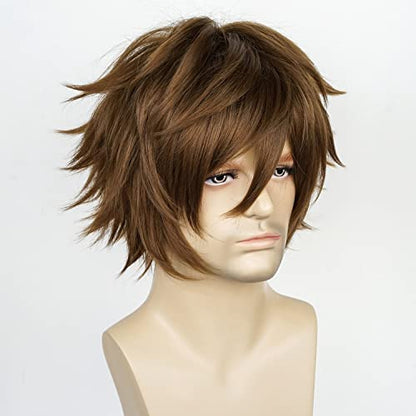 LABEAUTÉ Short Dark Brown Anime Cosplay Wig Male Men Anime Layered Unisex Heat Resistant Hair Wig with Bangs for Party and Halloween for Gift + Free Cap - color: Dark Brown