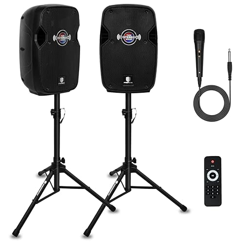 PRORECK Impact 10 10-Inch Stereo Speakers, 800W Peak Power Bluetooth PA Speaker System with Wired Microphone, Speaker Stands & Remote – Portable DJ Speaker for Parties, Events, Karaoke, Outdoor Use