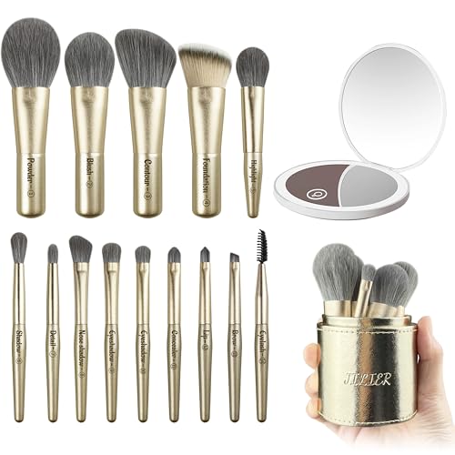 Jilier 14 pcs Mini Makeup Brushes and Pocket Mirror, Travel Makeup Brush Set, LED Compact Mirror with Light, Travel Size with Case, Portable for Handbag, Travel Essentials for Women - color: Gold-Led Mirror