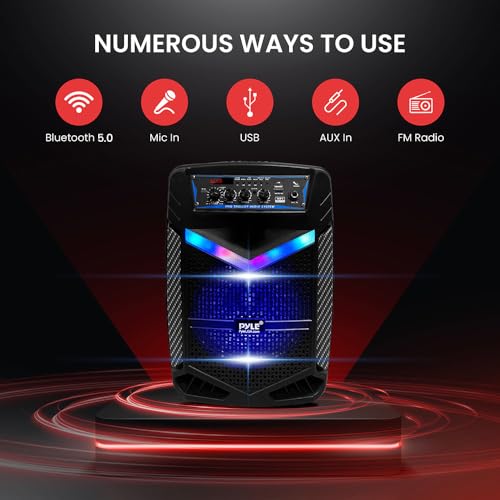 Pyle 400W Rechargeable Outdoor Bluetooth Speaker Portable PA System w/ 8” Subwoofer 1” Tweeter, Recording Function, Mic In, Party Lights USB/SD, Radio - Pyle PPHP842B, BLACK - size: 8 in