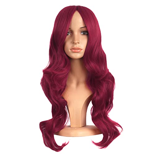 MapofBeauty 24 Inch Long Wavy Side Bangs Party Anime Cosplay Wig, Red | 60 cm Synthetic Fiber Wig, Women, Charming - color: Blood Red