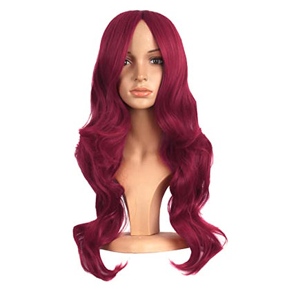 MapofBeauty 24 Inch Long Wavy Side Bangs Party Anime Cosplay Wig, Red | 60 cm Synthetic Fiber Wig, Women, Charming - color: Blood Red