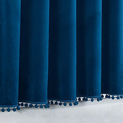 Treatmentex Pom-Pom Blue Velvet Curtains for Living Room 63" Luxury Room Darkening Cotton Feel Soft Classic Navy Royal Blue Window Curtain Panels 2PC - color: Pom Pom- Navy(royal Blue), size: 42"W x 63"L (Pack of 2)