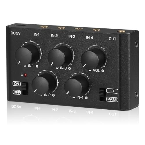 DoukAudio MC5-BX Mini Audio Mixer: 4-Channel Ultra Low-Noise Stereo Line Mixer for Home Studio Bar, Active & Passive Modes, Portable Metal Design for Musicians DJs
