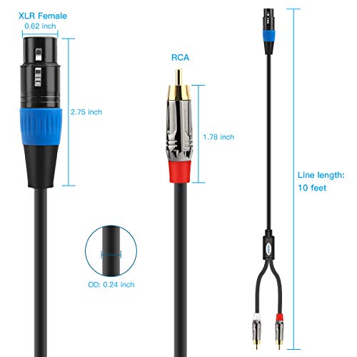 JOLGOO Unbalanced XLR Female to Dual RCA Y Splitter Breakout Cable, 1 XLR Female to 2 RCA Male Y Breakout Cable Adapter Cord, 10 Feet - size: 10 Feet, style: XLR Female to Dual RCA Male