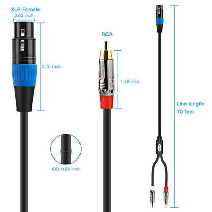 JOLGOO Unbalanced XLR Female to Dual RCA Y Splitter Breakout Cable, 1 XLR Female to 2 RCA Male Y Breakout Cable Adapter Cord, 10 Feet - size: 10 Feet, style: XLR Female to Dual RCA Male