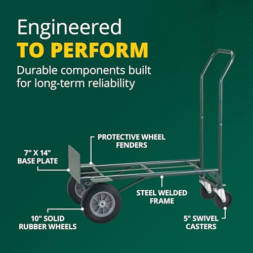Harper Trucks JEDT8635P Convertible Hand Truck, 600/700 lb Capacity | Converts from a 600 lb two-wheel dolly to a 700 lb four-wheel cart with flat-free rubber wheels for moving and delivery