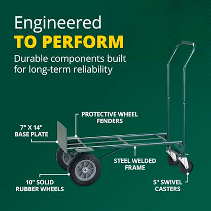 Harper Trucks JEDT8635P Convertible Hand Truck, 600/700 lb Capacity | Converts from a 600 lb two-wheel dolly to a 700 lb four-wheel cart with flat-free rubber wheels for moving and delivery