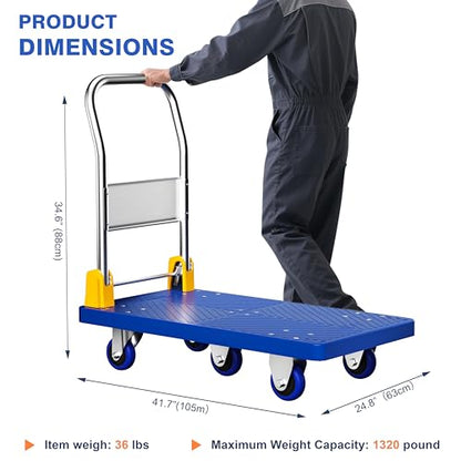 Push Cart Dolly, Collapsible Hand Truck Platform 360 Degree Swivel Wheels with 1320lb Weight Capacity, Platform Truck for Loading and Storage (Blue) - size: 1320bs, 24.5"x40.5"(WxD)