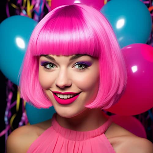 LIULIUBTY Short Bob Hair Wigs Straight with Flat Bangs Synthetic Colorful Cosplay Daily Party Neon Wig for Women + Free Wig Cap 14" Natural As Real - color: Pink