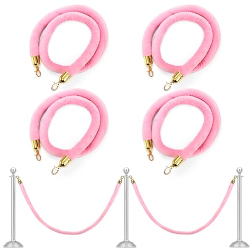 Okllen 4 Pack Velvet Stanchion Rope Pink, 5 Ft Crowd Control Ropes Safety Barriers with Polished Gold Clasps, Hanging VIP Rope for Red Pink Carpet Theme Event and Party Events Decor