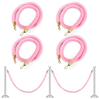 Okllen 4 Pack Velvet Stanchion Rope Pink, 5 Ft Crowd Control Ropes Safety Barriers with Polished Gold Clasps, Hanging VIP Rope for Red Pink Carpet Theme Event and Party Events Decor