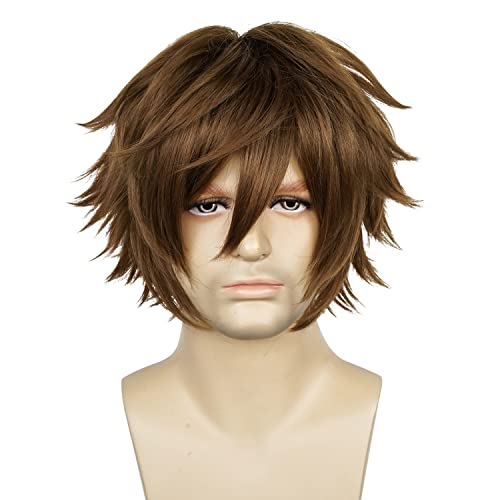 LABEAUTÉ Short Dark Brown Anime Cosplay Wig Male Men Anime Layered Unisex Heat Resistant Hair Wig with Bangs for Party and Halloween for Gift + Free Cap - color: Dark Brown