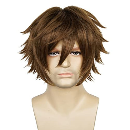 LABEAUTÉ Short Dark Brown Anime Cosplay Wig Male Men Anime Layered Unisex Heat Resistant Hair Wig with Bangs for Party and Halloween for Gift + Free Cap - color: Dark Brown