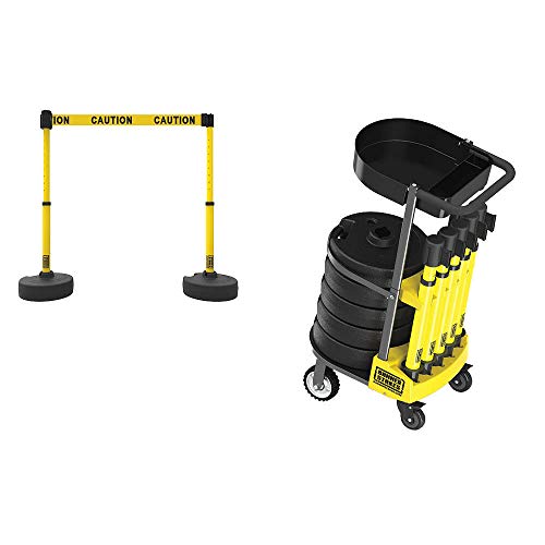 PL4001T Plus 75 ft Belt Barrier w/Cart Package & Tray | Mobile System, 5 Telescoping Stanchions, 15 ft Yellow "Caution" Retractable Banners, Accessory Tray - style: Yellow: Caution