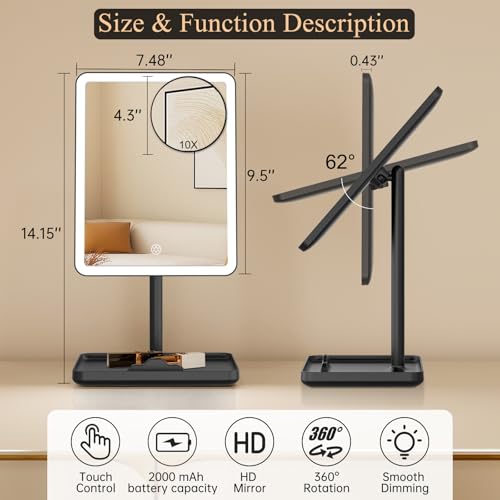FUNTOUCH 4000mAh Rechargeable Vanity Mirror with Lights 40X Magnifier,Black - color: 9.5"lx7.5"w-black-m