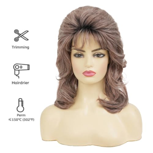 Brown Curly Wigs for Women 80s Rocker Mullet Wig with Bangs Shoulder Length Synthetic Fibre Hair Wig for 70s Party Cosplay Costume Disco Halloween Use - color: Dark Brown