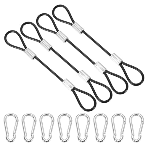 PATIKIL 4 Inch Safety Cable Lock, 4 Pcs 304 Stainless Steel Security Wire Ropes Double Loop Anti-Theft Safety with 8 Spring Buckles for Bicycles Luggage Stage Lighting, Black - color: Black, size: 4 Inch