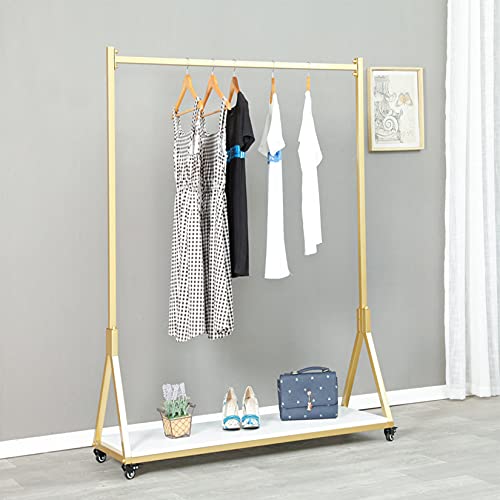 Modern Simple Heavy Duty Metal and Wood Rolling Clothing Garment Rack with Wheel,Creative Commercial Wedding Dress Display Shelf,Floor-Standing Clothes Hangers (Gold with Wood, 47.2" L) - color: Gold with Wood