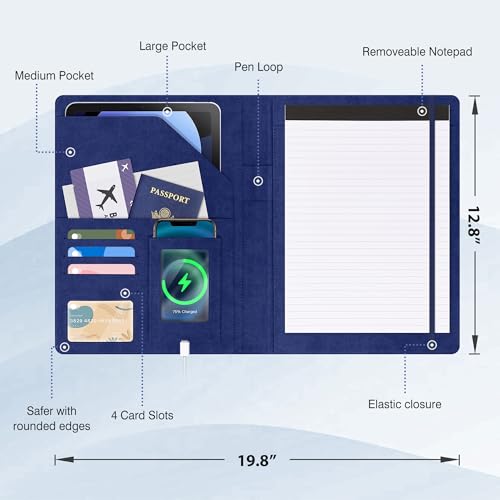 Ospelelf Blue Faux Leather Padfolio with Clipboard, Interview Clipfolio Portfolio with Notepad 8.5 x 11, Business Resume Clipboard Folder Organizer with Pockets for Men - color: Blue
