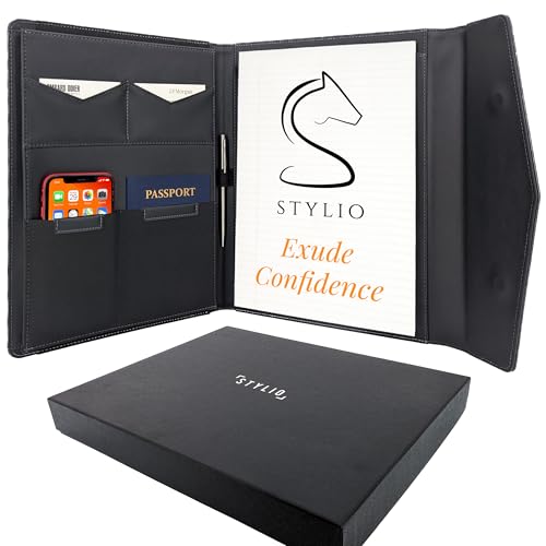 STLYIO Trifold Padfolio - Magnetic Closure. Stretchable Compartment for Tablet, Documents. Elastic Pockets for Phone, Gadgets, Passport, Travel Documents. Letter-Sized Notepad and Gift Box Included. - color: Black, size: Padfolio w/ Magnetic Clasp (12.5"
