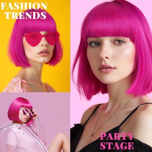 LIULIUBTY Short Bob Hair Wigs Straight with Flat Bangs Synthetic Colorful Cosplay Daily Party Neon Wig for Women with Wig Cap 12" Natural As Real (Hot Pink B) - color: Hot Pink B