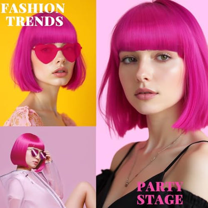 LIULIUBTY Short Bob Hair Wigs Straight with Flat Bangs Synthetic Colorful Cosplay Daily Party Neon Wig for Women with Wig Cap 12" Natural As Real (Hot Pink B) - color: Hot Pink B