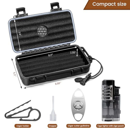 Flauno Travel Cigar Humidor Case - Portable Humidor Kit with Lighter (Without Gas), Cutter, Holder, Humidifier & Dropper, Waterproof, Crushproof, Airtight Seal (Holds up to 5 Cigars) - size: Holds up to 5 Cigars with Cigar Lighter