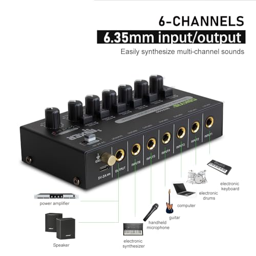 COKYIS Mini Audio Mixer, 6-Channel Stereo Line Mixer for Precision Sub-Mixing, with Ultra Low-Noise Operation, Independent Microphone Control, 1/4" TRS Input/Output-for Guitars, Bass, Stage Mixer
