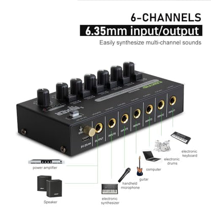 COKYIS Mini Audio Mixer, 6-Channel Stereo Line Mixer for Precision Sub-Mixing, with Ultra Low-Noise Operation, Independent Microphone Control, 1/4" TRS Input/Output-for Guitars, Bass, Stage Mixer