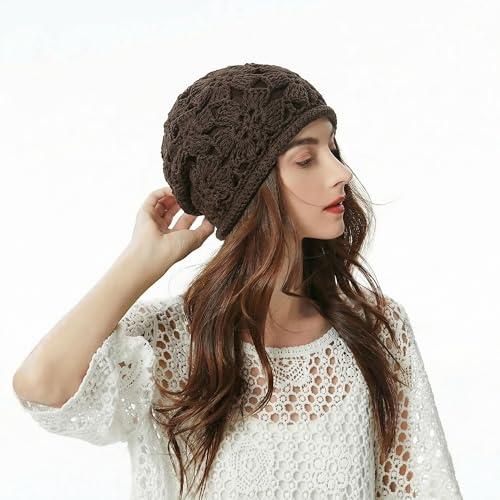 ZLYC Women Cotton Crochet Slouchy Beanie Hat Handmade Knit Summer Skull Cap | Lightweight breathable,boho casual chic look,travel photos festival party,café commute daily wear,beach concert gathering - color: Crochet Brown