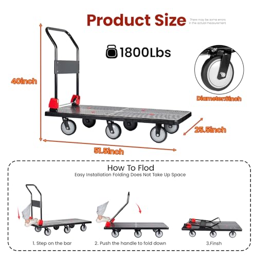 1800 lb Folding Platform Truck Cart with 6" Silent TPR Wheels, Heavy Duty Flatbed Push Cart Dolly, Foldable Moving Utility Cart for Warehouse Garage Office Home, Black - color: 1800 Lb - 51.5" X 25.5"