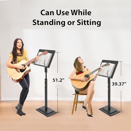 Bamboo Music Stand for Sheet Music -Folding Music Stands Height Adjustable 39.37''-51.2'' with Wide Wooden Bookplate for Conductor Lectern Guitar Violin Piano Ukulele Players (Black)