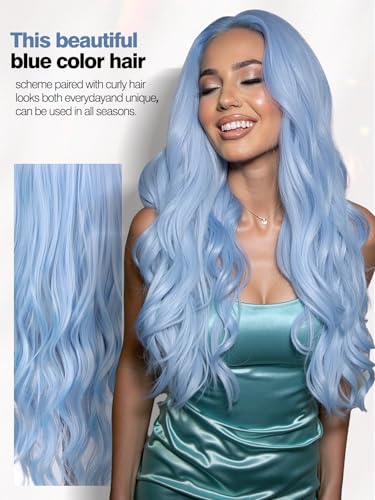 Quantum Love Long Curly Blue Wig for Women Light Blue Long Wavy Wigs 28 Inch Natural Looking Synthetic Fashion Color Hair for Cosplay Halloween Daily Party Use - color: Light Blue