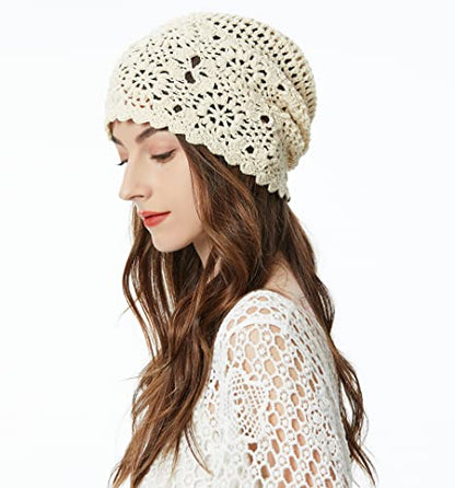ZLYC Women Cotton Crochet Slouchy Beanie Hat Handmade Knit Summer Skull Cap | Lightweight breathable,boho casual chic look,travel photos festival party,café commute daily wear,beach concert gathering - color: Colour: Beige