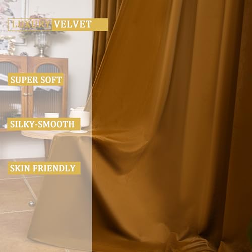 YOFUN 90 inches 2 Panels, Golden Brown Blackout Luxury Velvet Curtains Thermal Insulated Heat Block Soundproof Window Panels Soft Drapes for Bedroom Living Room, Rod Pocket & Back Tab, W52 x L90 - color: Golden Brown, size: 52"W x 90"L (Pack of 2)