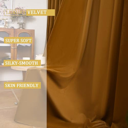 YOFUN 90 inches 2 Panels, Golden Brown Blackout Luxury Velvet Curtains Thermal Insulated Heat Block Soundproof Window Panels Soft Drapes for Bedroom Living Room, Rod Pocket & Back Tab, W52 x L90 - color: Golden Brown, size: 52"W x 90"L (Pack of 2)
