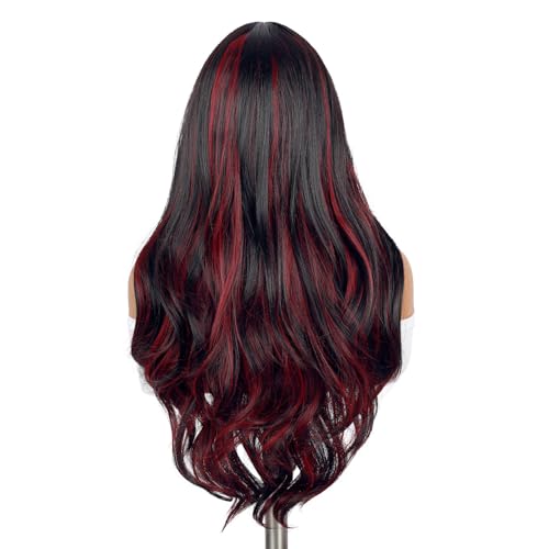 Quantum Love Long Curly Wig for Women Long Wavy Black Mix Red Wigs 28Inch Natural Looking Synthetic Fashion Color Hair for Cosplay Halloween Daily Party Use - color: Mix Red