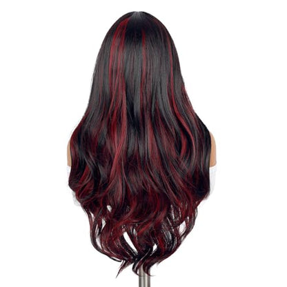 Quantum Love Long Curly Wig for Women Long Wavy Black Mix Red Wigs 28Inch Natural Looking Synthetic Fashion Color Hair for Cosplay Halloween Daily Party Use - color: Mix Red