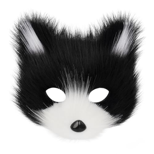 Animal Fox Wolf Mask Halloween Party Cosplay Costumes Props Plush Cat Half Face Masks Carnival Christmas Masquerade - color: Blackwhite