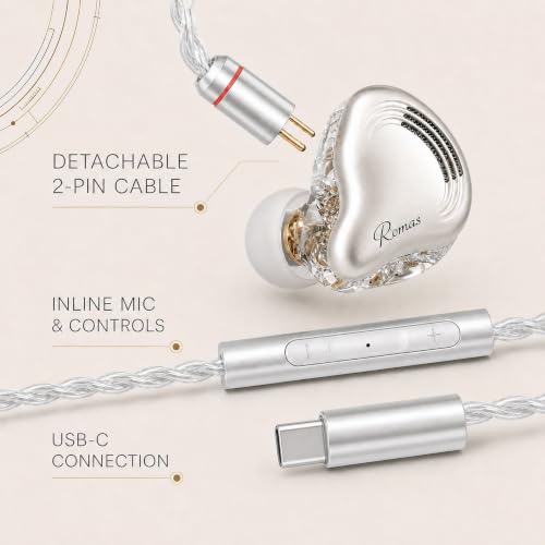 Rosmas Wired Earbuds with Mic, USB-C Wired Earbuds HiFi Earphones,SM10 Pro 5-Driver Hybrid IEM Earphones, 4BA+1DD Driver System, Detachable 2-Pin Cable, in Ear Monitors for Gaming Music Calls，Sliver - color: Silver