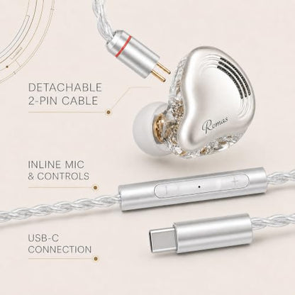 Rosmas Wired Earbuds with Mic, USB-C Wired Earbuds HiFi Earphones,SM10 Pro 5-Driver Hybrid IEM Earphones, 4BA+1DD Driver System, Detachable 2-Pin Cable, in Ear Monitors for Gaming Music Calls，Sliver - color: Silver