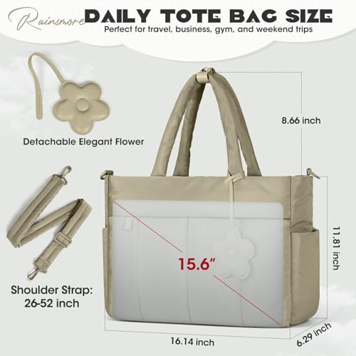 RAINSMORE Laptop Tote Bag for Women Puffer Work Bag Quilted Travel Bags - color: Khaki