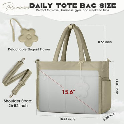 RAINSMORE Laptop Tote Bag for Women Puffer Work Bag Quilted Travel Bags - color: Khaki