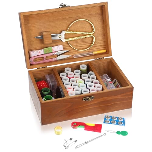 Wooden Sewing Kit Box Wooden Hand Home-Sewing Repair Tool Kits Wooden-Sewing Box with Cute Sewing Accessories Supplies for Adults, Women, Men Universal Home Repair Tool Kit
