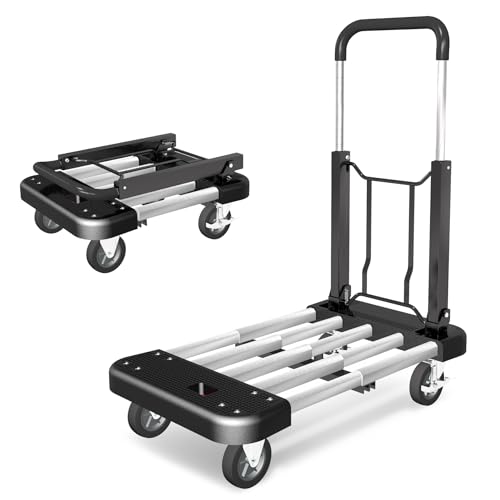 WarmyouHaul Pro Folding Hand Truck, 441LBS Capacity, Adjustable Platform (24-30") & Handle (28-35") 4" Rubber Wheels with 360° Swivel & Parking Brake, for Moving, Apartment, Warehouse, Commercial Use - color: Black
