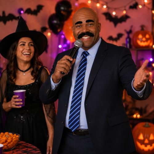 4 Pcs Halloween Costume Accessories Include Brown Bald Cap,Stripe Tie,Cap Net,Mustache Eyebrows for Men Women Party Dress Up